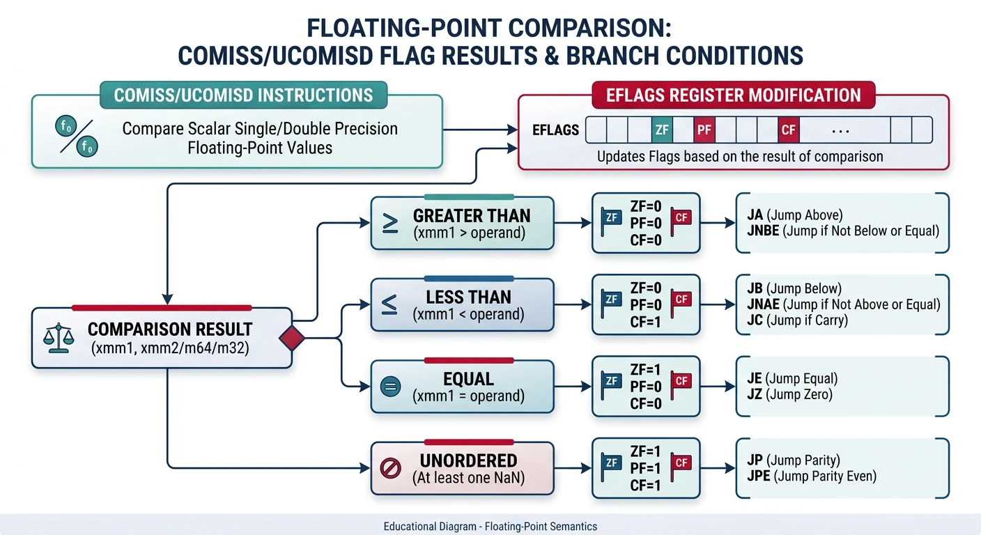 Flowchart of floating-point comparison showing COMISS/UCOMISD flag results and branch conditions
