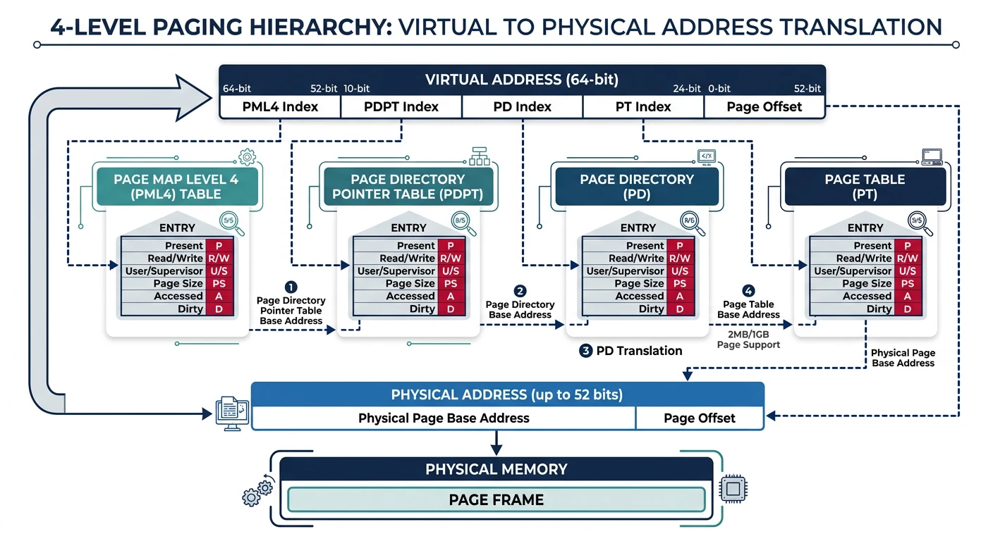 4-level paging hierarchy showing PML4, PDPT, PD, and PT translation walkthrough