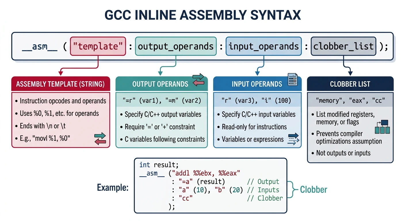 GCC inline assembly syntax showing template, output operands, input operands, and clobber list