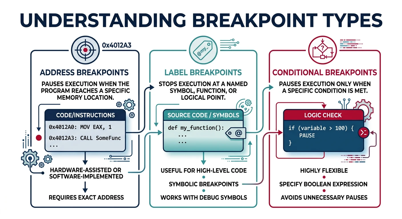Diagram showing different breakpoint types: address breakpoints, label breakpoints, and conditional breakpoints