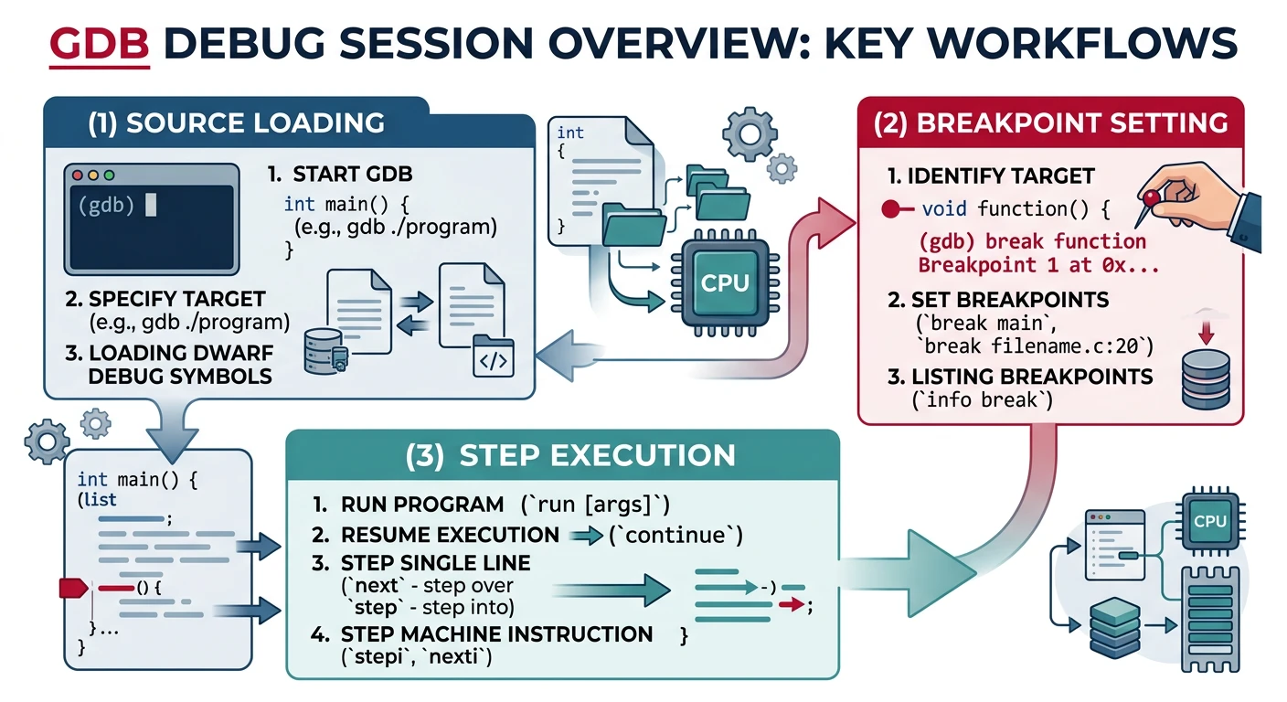 GDB debug session overview showing source loading, breakpoint setting, and step execution workflow