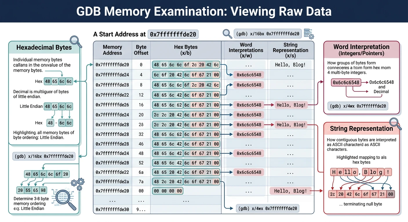 GDB memory examination output showing hex bytes, words, and strings at various addresses