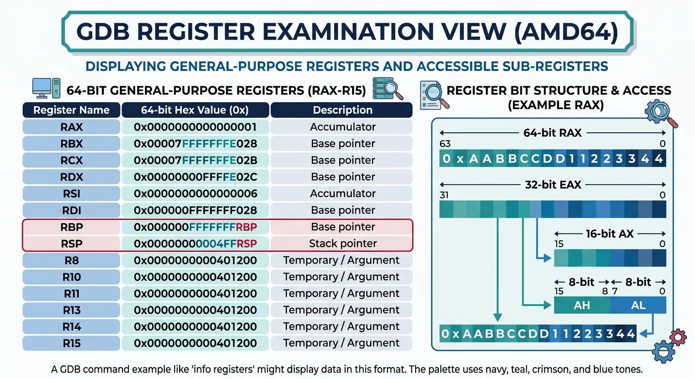 GDB register examination view showing general-purpose registers RAX through R15 with hex values