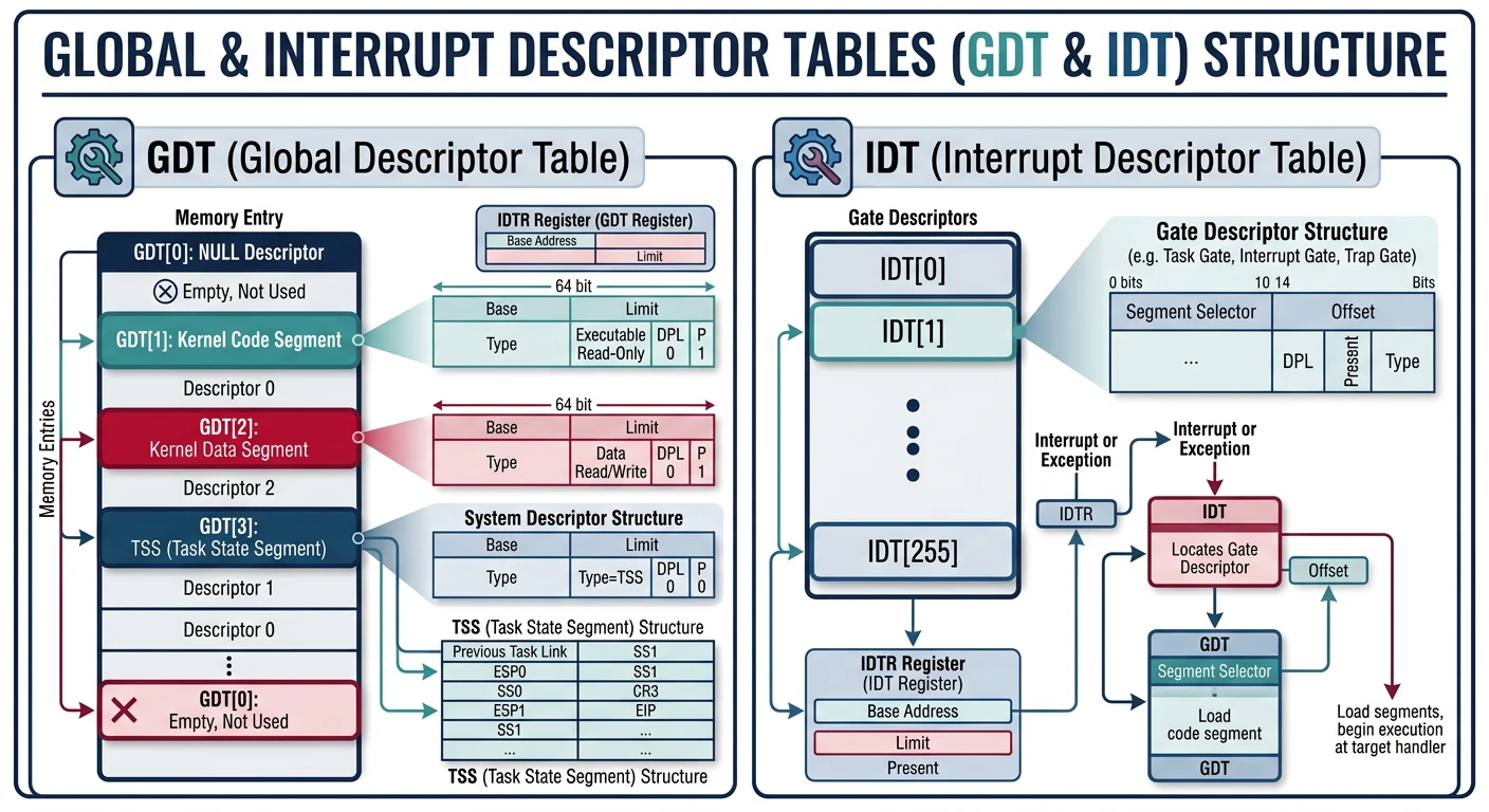 GDT and IDT descriptor table structure showing null, code, data, and TSS segments