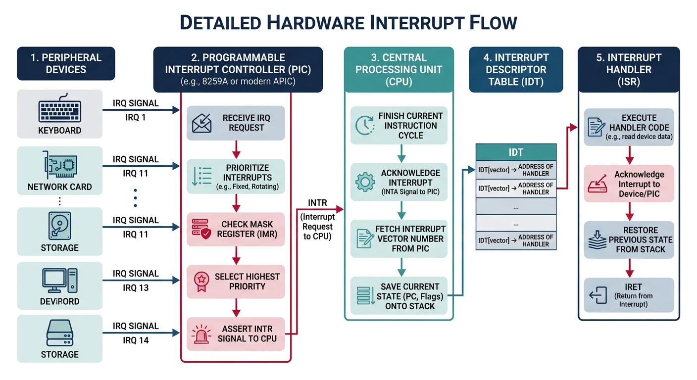 Hardware interrupt flow diagram showing device IRQ signal through PIC to CPU interrupt handler