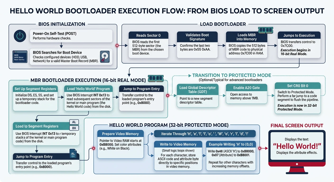 Hello world bootloader execution flow from BIOS load to screen output