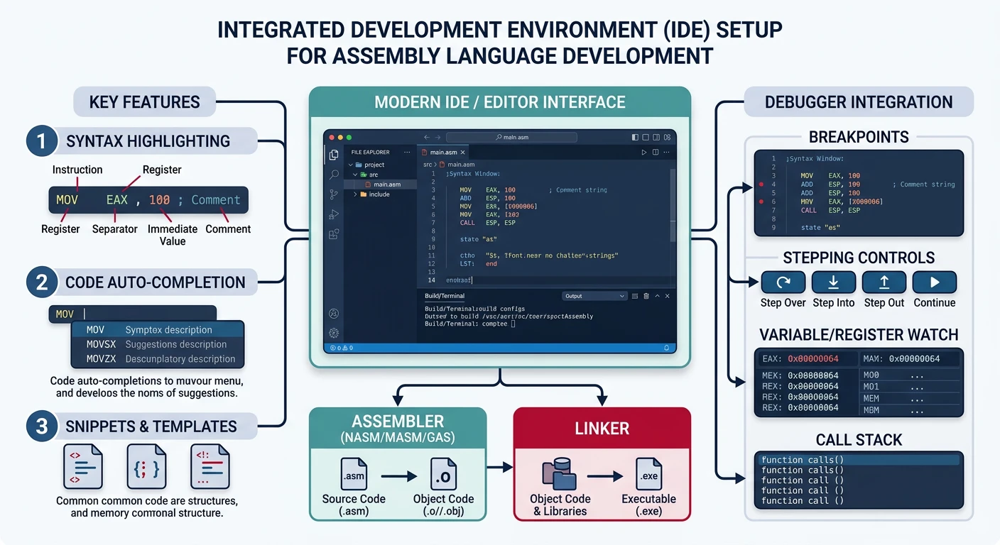 IDE and editor setup for assembly development with syntax highlighting and debugger integration