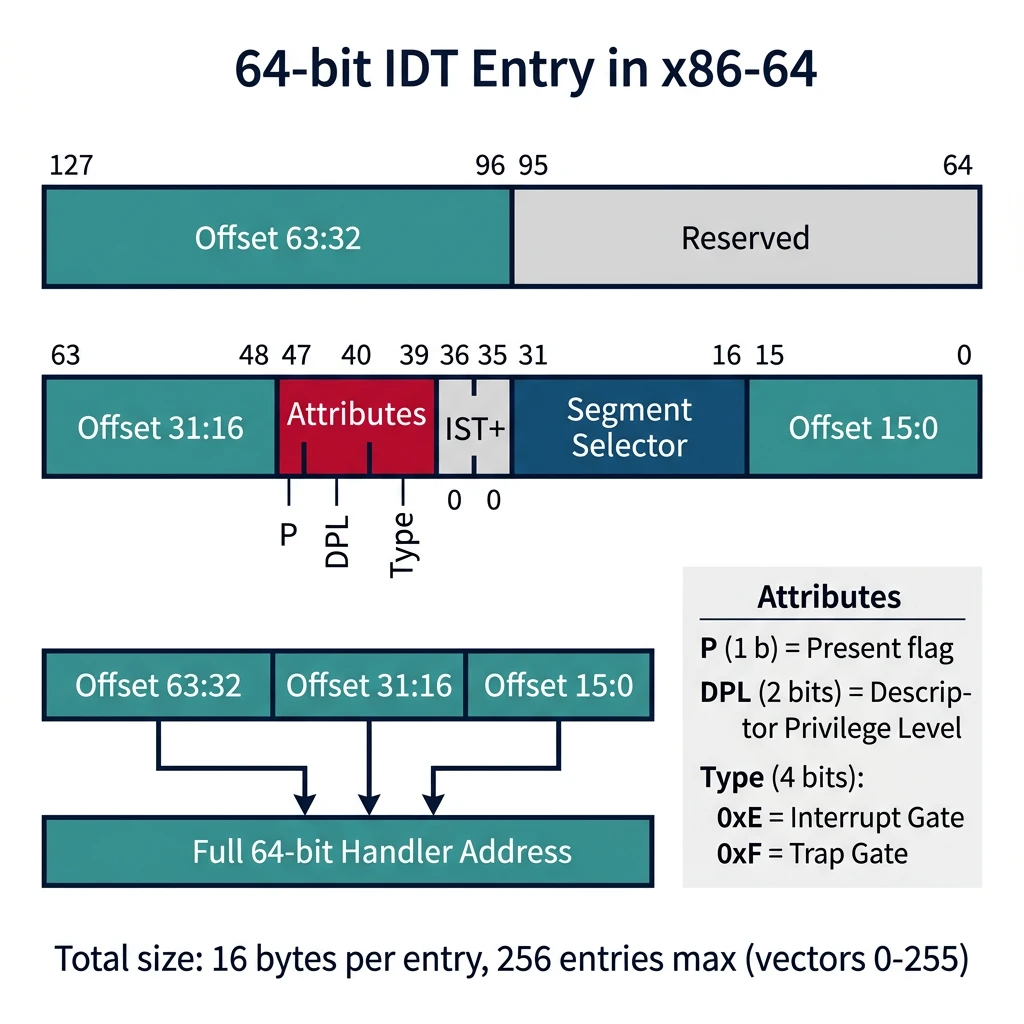 IDT entry structure diagram showing offset, selector, type/attribute, and DPL fields