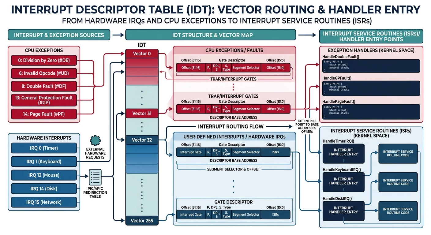 IDT structure showing interrupt vector routing from hardware IRQs and CPU exceptions to handler entry points