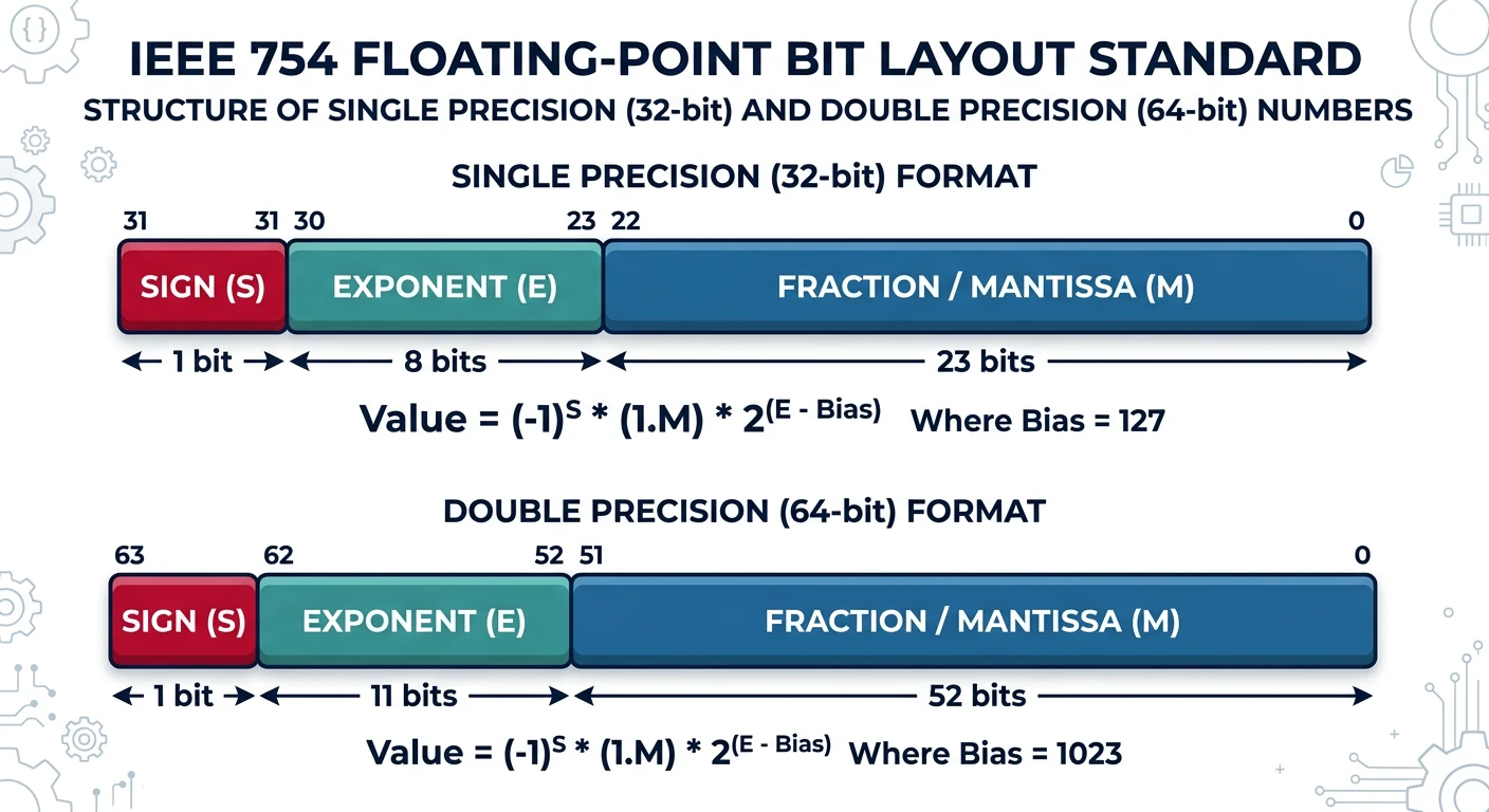 IEEE 754 floating-point bit layout showing sign, exponent, and mantissa fields