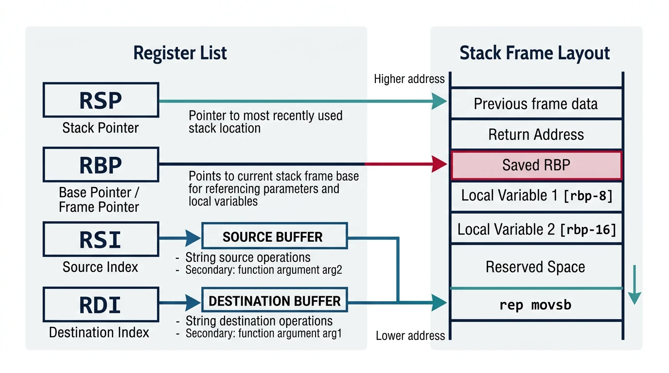 Index and pointer registers showing RSP, RBP, RSI, and RDI roles in stack and memory operations