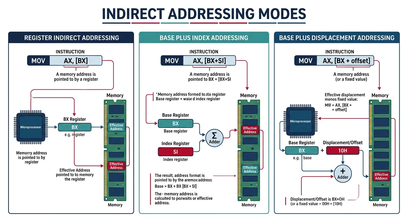 Diagram showing indirect addressing modes: register indirect, base plus index, and base plus displacement