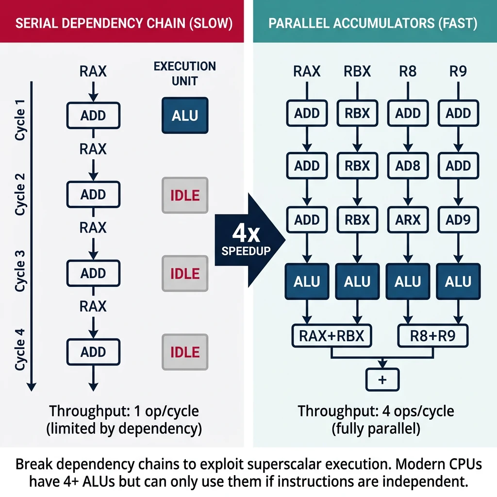 Parallel vs serial instruction dependency chains showing throughput improvement with multiple accumulators