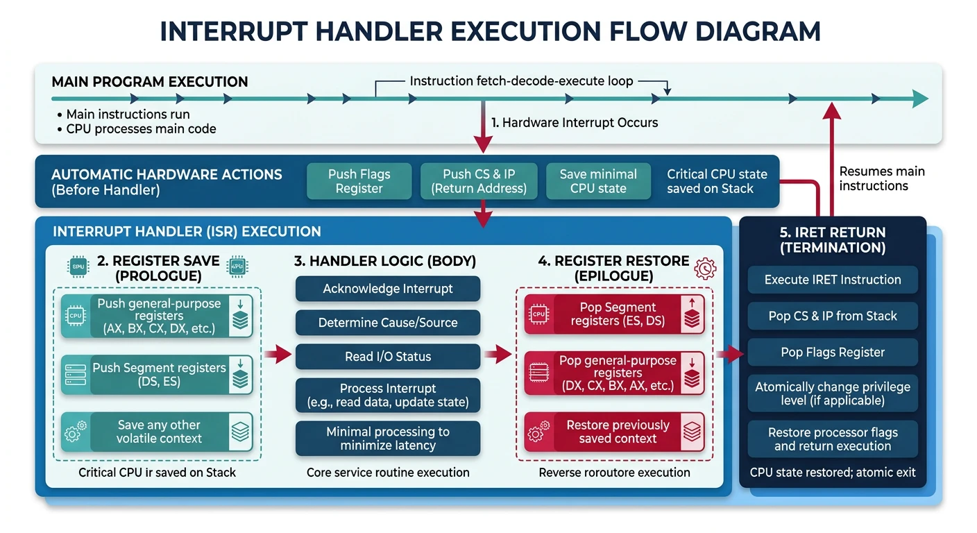 Interrupt handler execution flow showing register save, handler logic, register restore, and IRET return