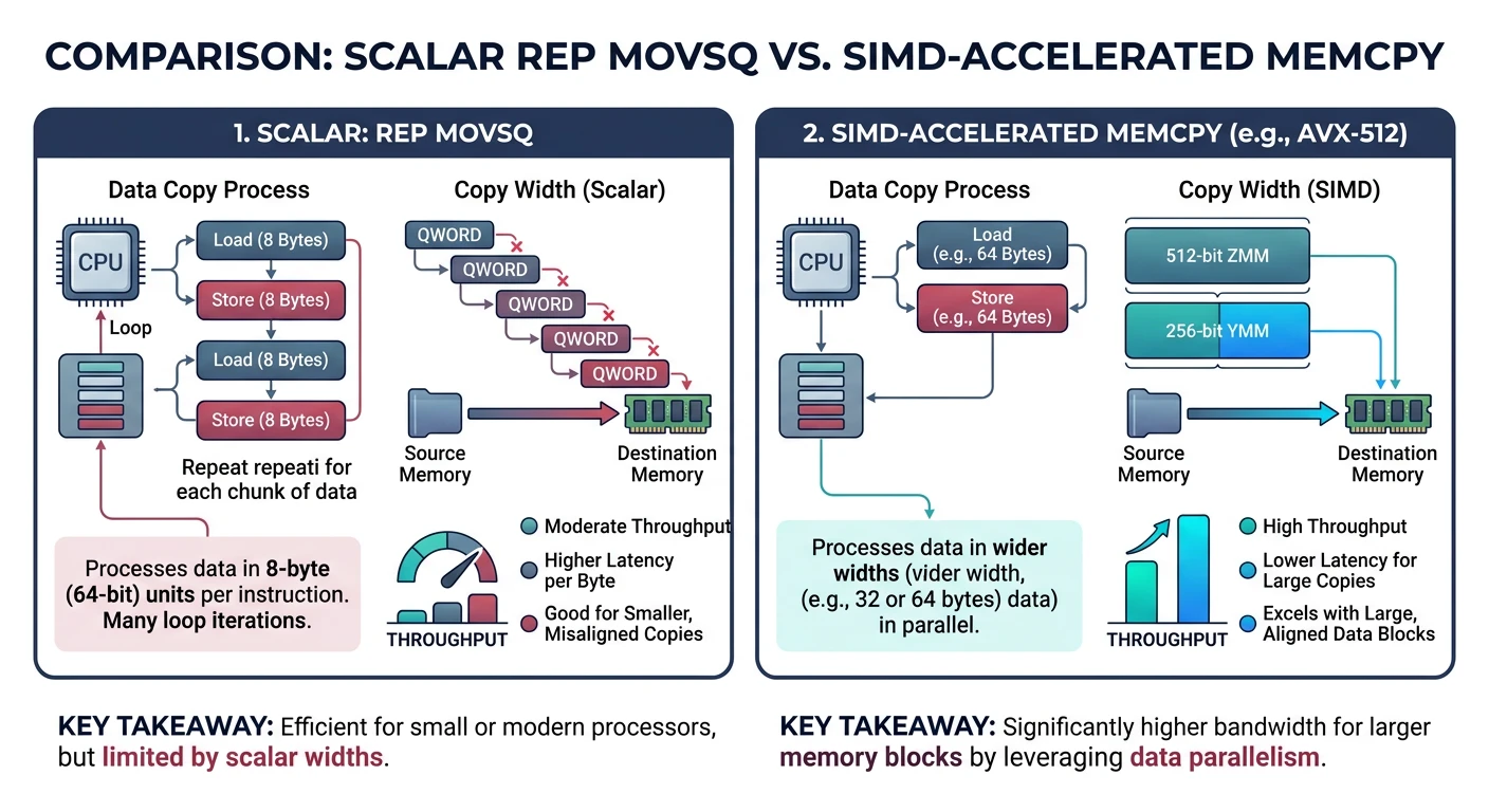 Comparison of scalar REP MOVSQ and SIMD-accelerated memcpy showing copy widths and throughput