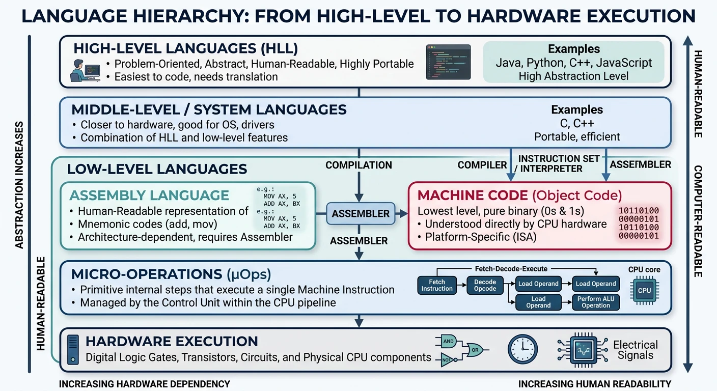Language hierarchy from high-level languages down to assembly, machine code, and micro-operations