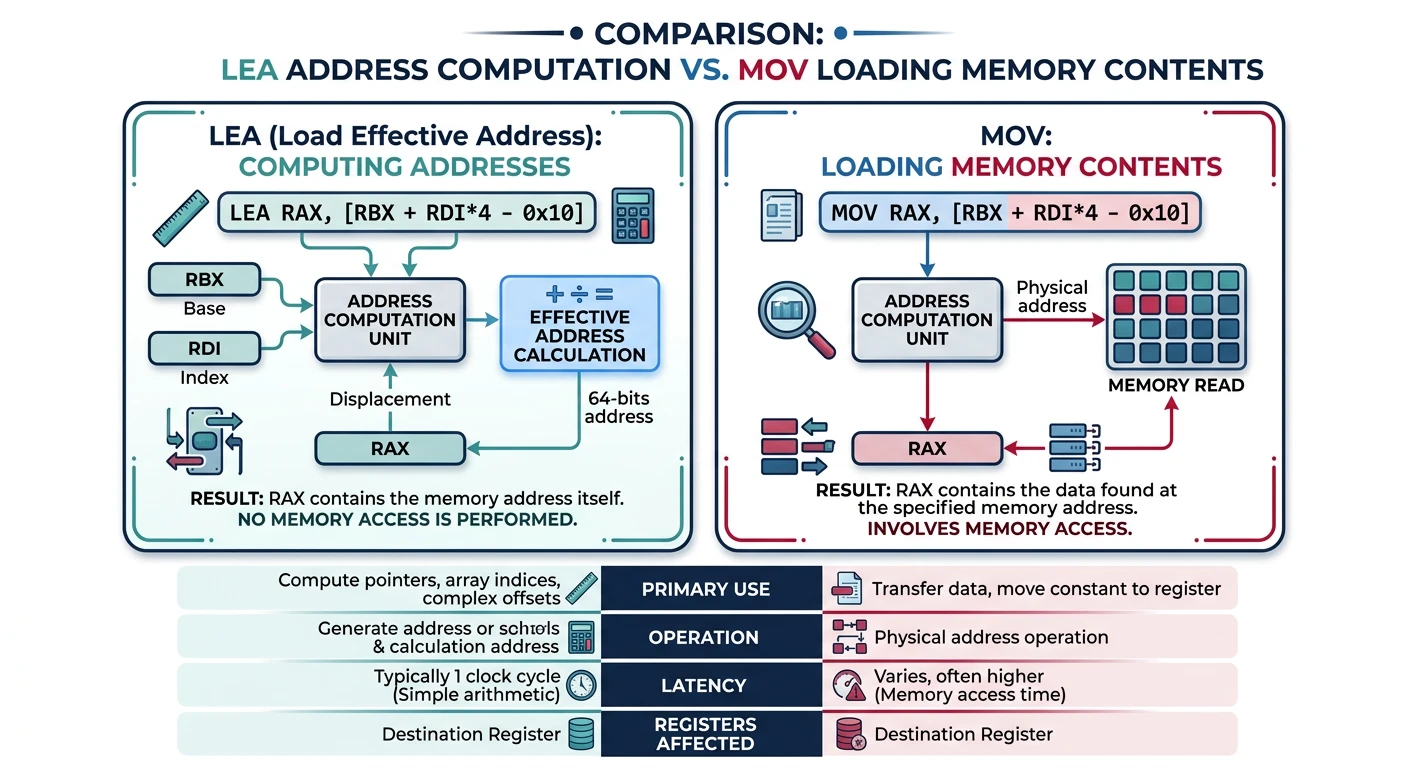 Comparison of LEA computing an address versus MOV loading memory contents