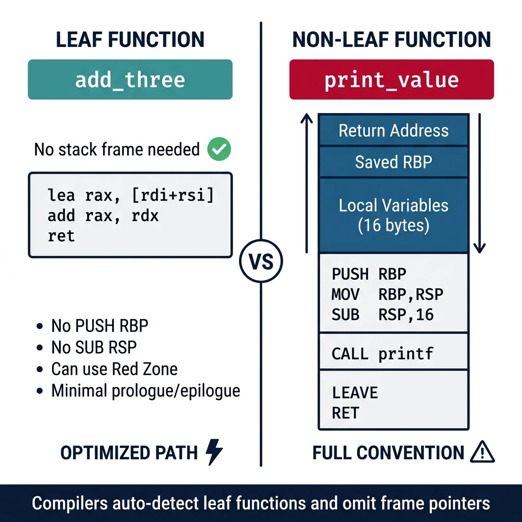 Comparison of leaf function with no calls and optimized path versus non-leaf function with full stack frame