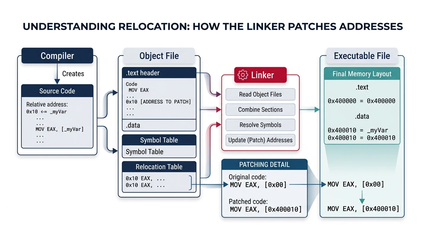 Relocation process showing how the linker patches addresses in object files