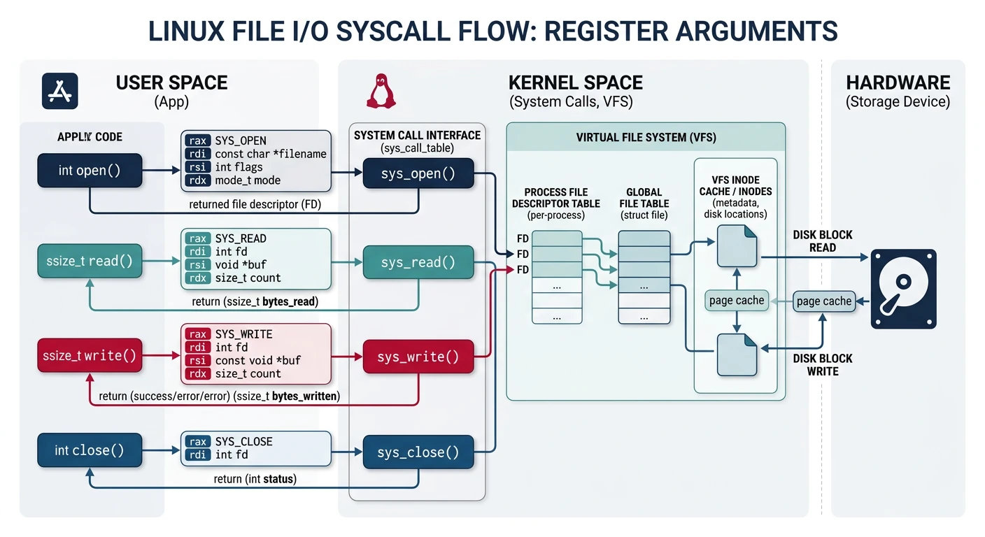 Linux file I/O syscall flow showing open, read, write, and close operations with register arguments