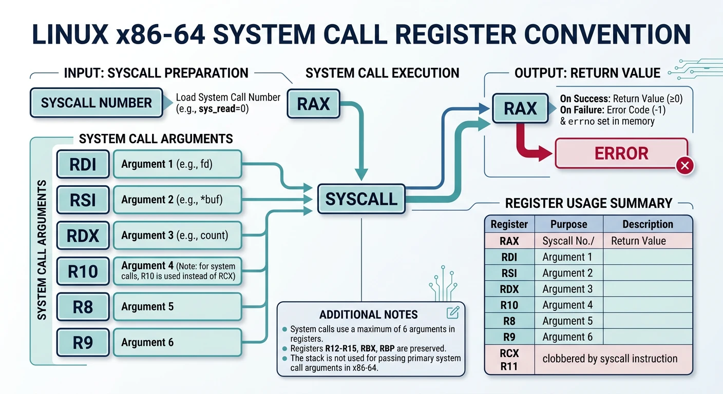 Linux x86-64 syscall register convention diagram showing RAX for syscall number and RDI through R9 for arguments