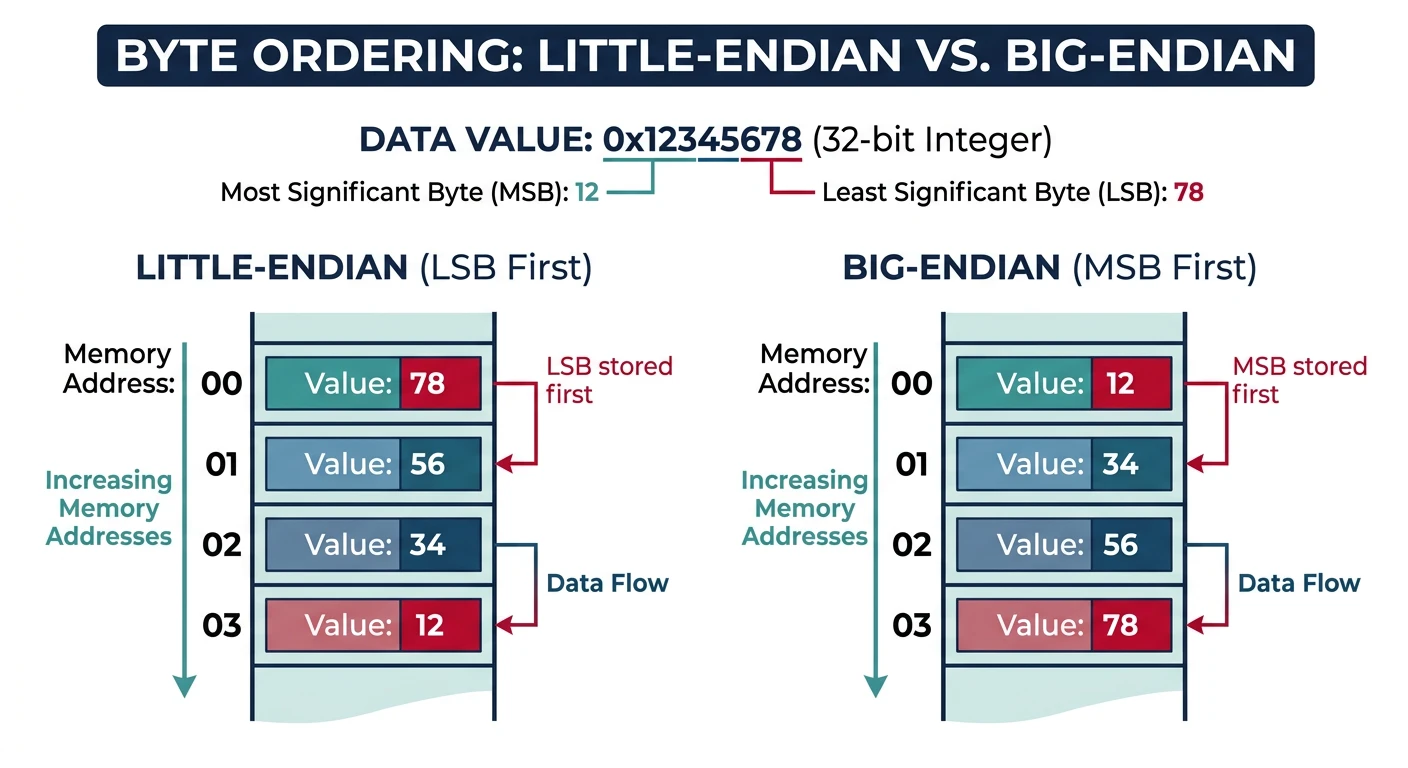 Little-endian versus big-endian byte ordering showing how 0x12345678 is stored in memory