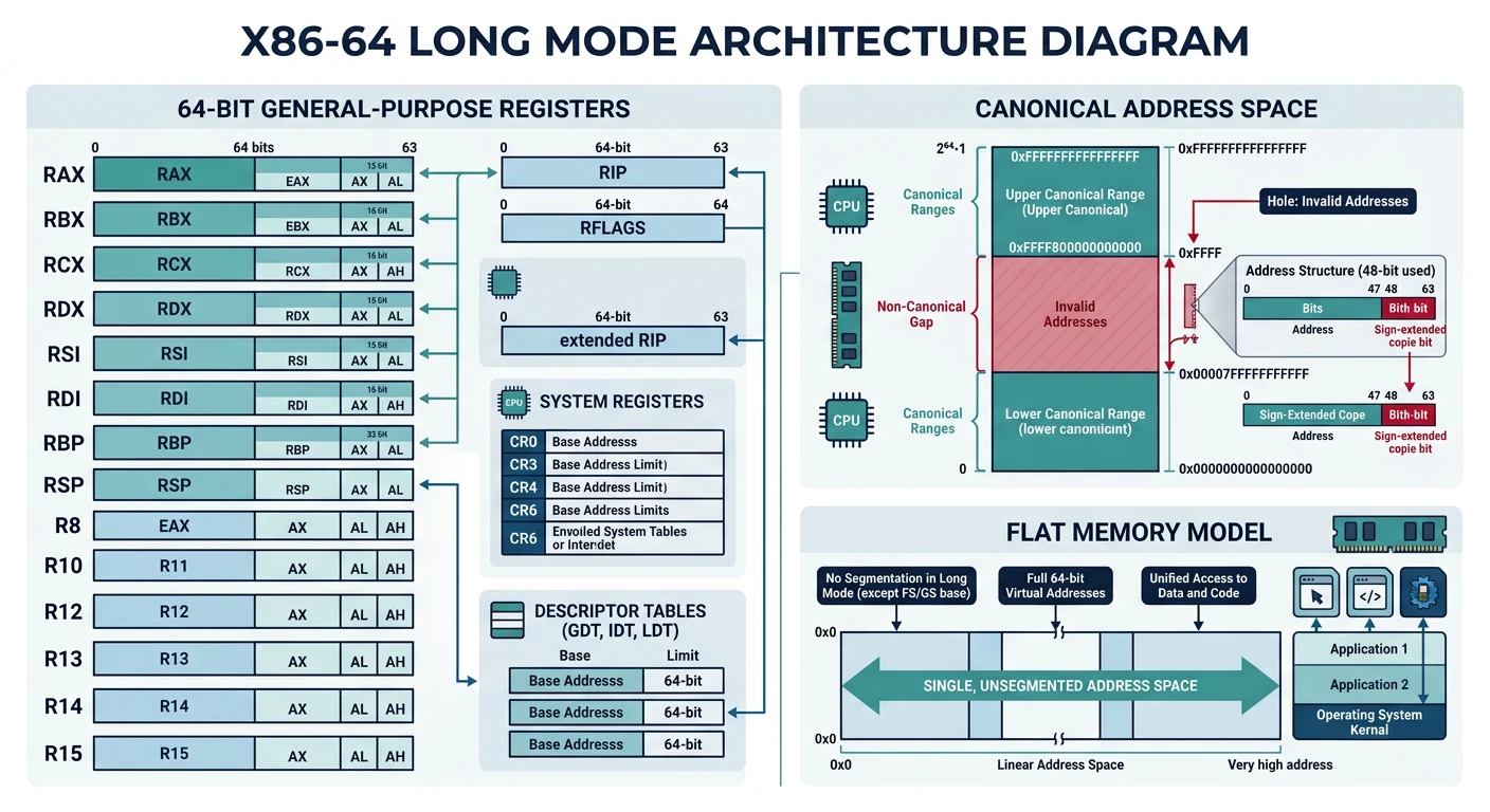 x86-64 long mode architecture showing 64-bit registers, canonical addresses, and flat memory model