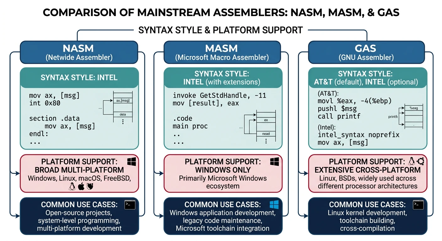 Comparison of mainstream assemblers NASM, MASM, and GAS showing syntax style and platform support