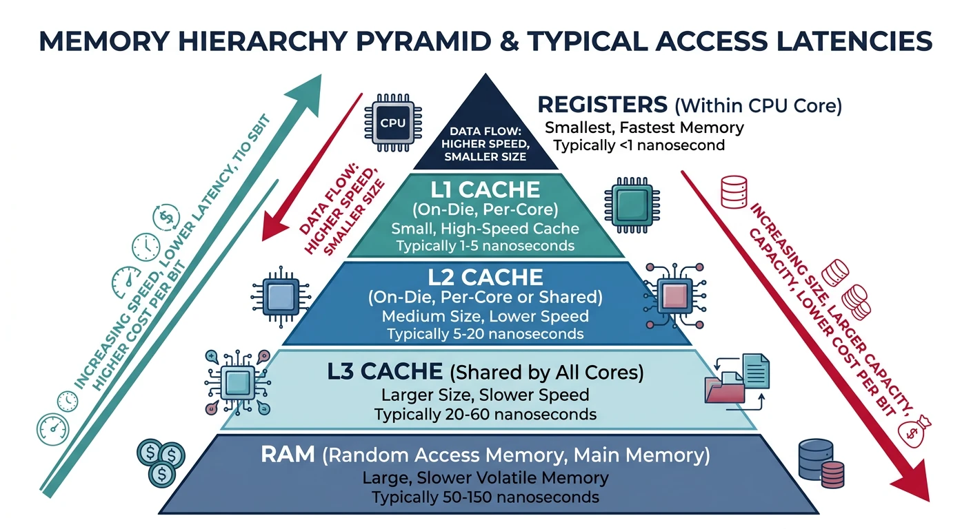 Memory hierarchy pyramid showing registers, L1, L2, L3 cache, and RAM with typical access latencies
