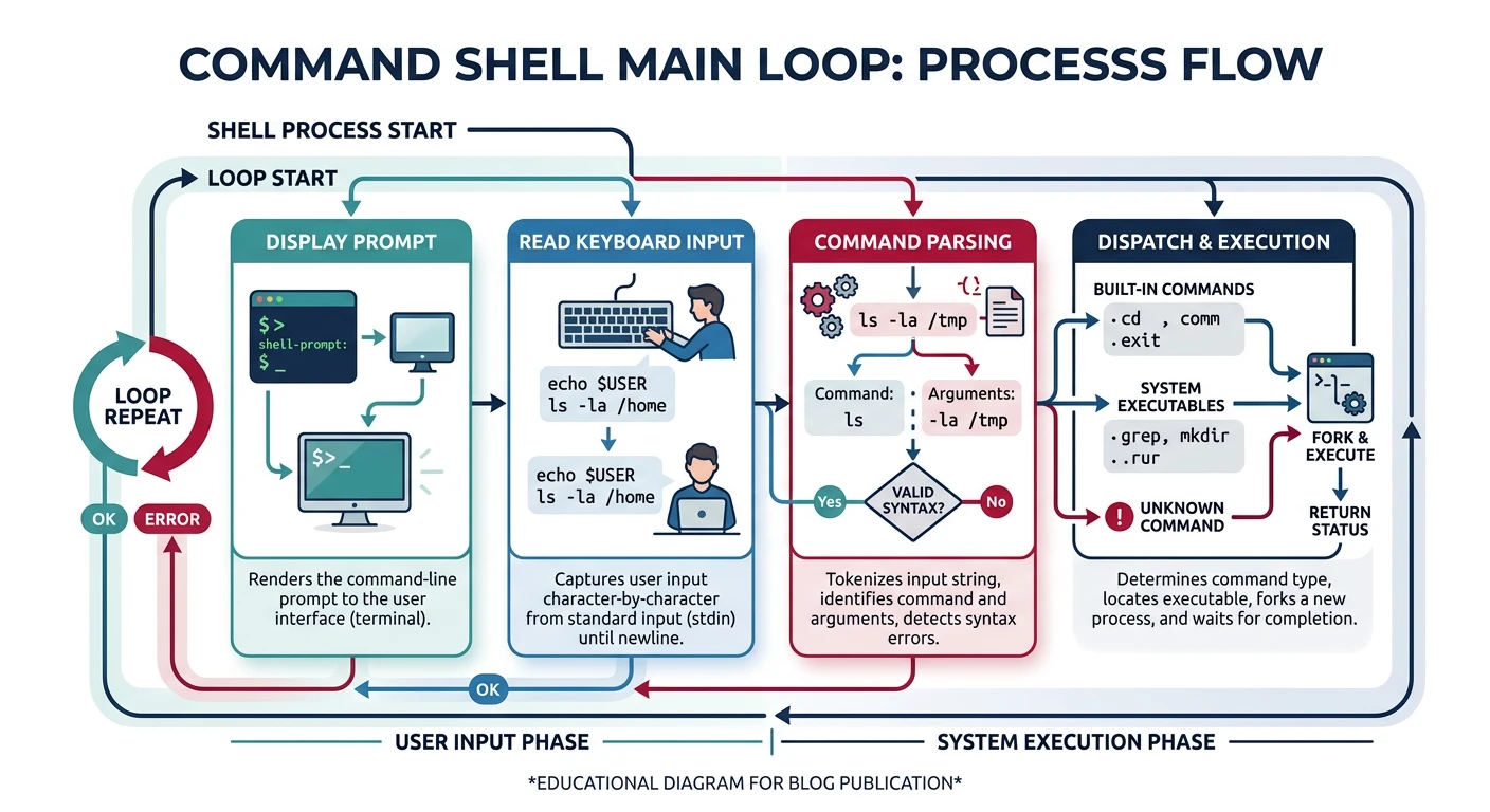 Command shell main loop showing prompt display, keyboard input reading, command parsing, and dispatch execution