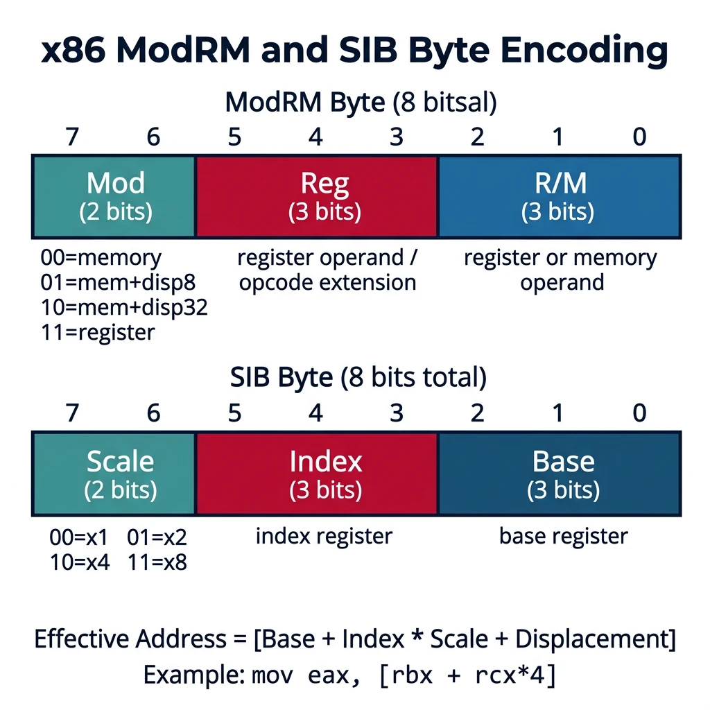 ModRM and SIB byte bit field encoding showing Mod, Reg, R/M, Scale, Index, and Base fields