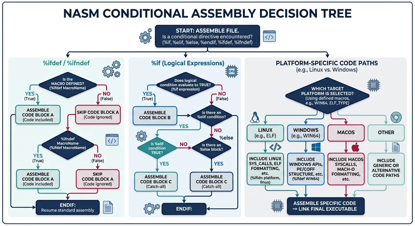 Decision tree for NASM conditional assembly with %if, %ifdef, and platform-specific code paths