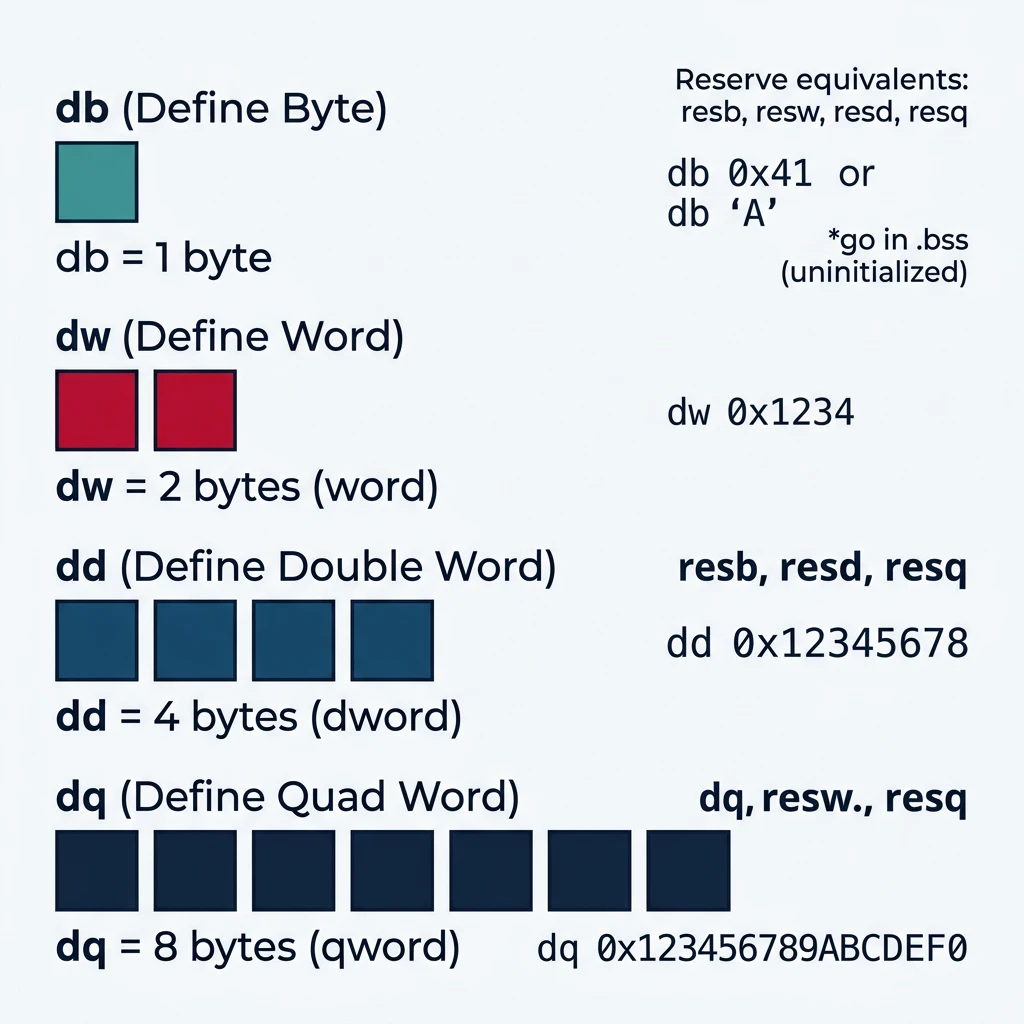 Visual comparison of NASM data directives db, dw, dd, and dq showing byte sizes