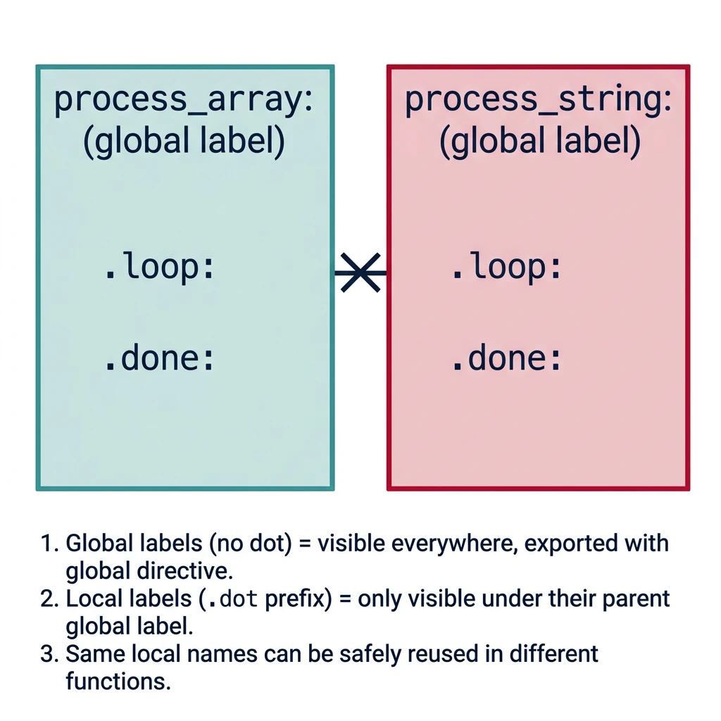 Diagram showing NASM label scoping with global and local dot-prefixed labels