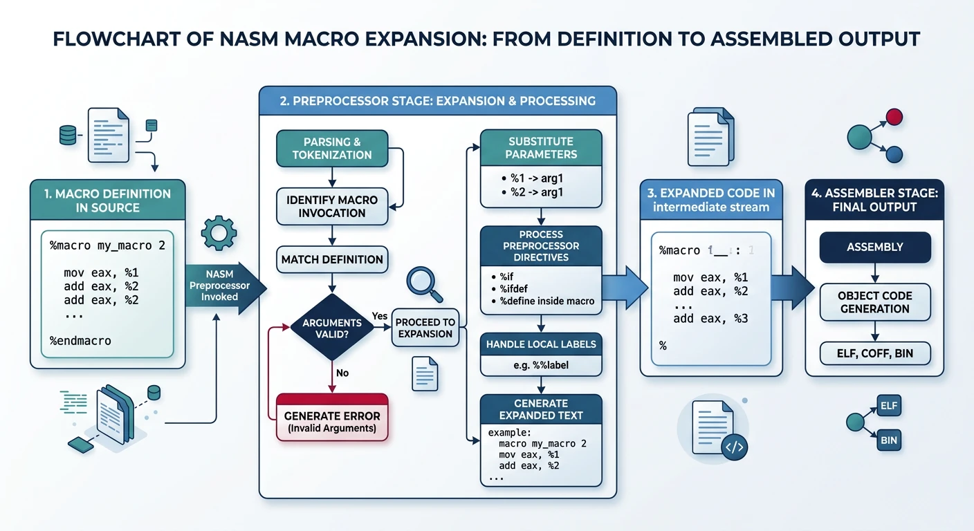 Flowchart of NASM macro expansion from definition to assembled output