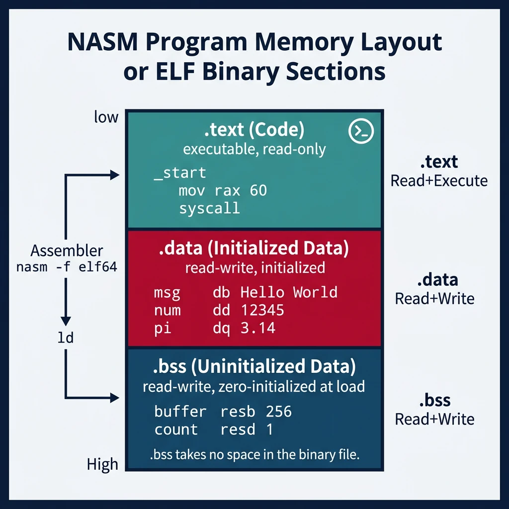 Diagram of NASM program sections showing .text, .data, and .bss memory layout