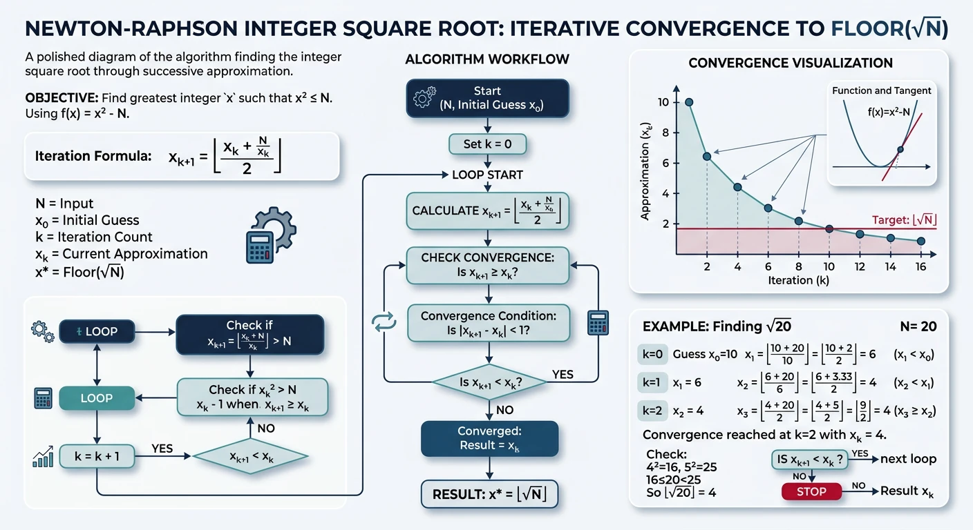 Newton-Raphson integer square root showing iterative convergence from initial guess to floor of square root