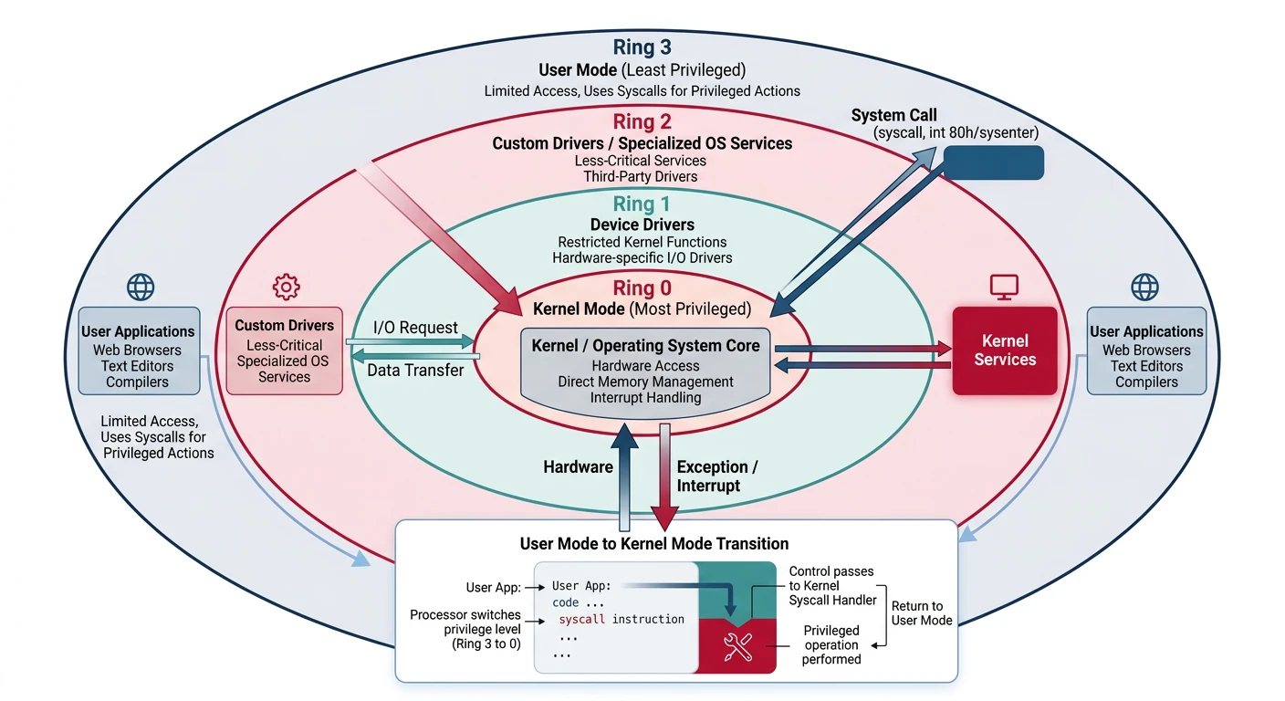 x86 privilege rings diagram showing Ring 0 kernel through Ring 3 user space with syscall transitions