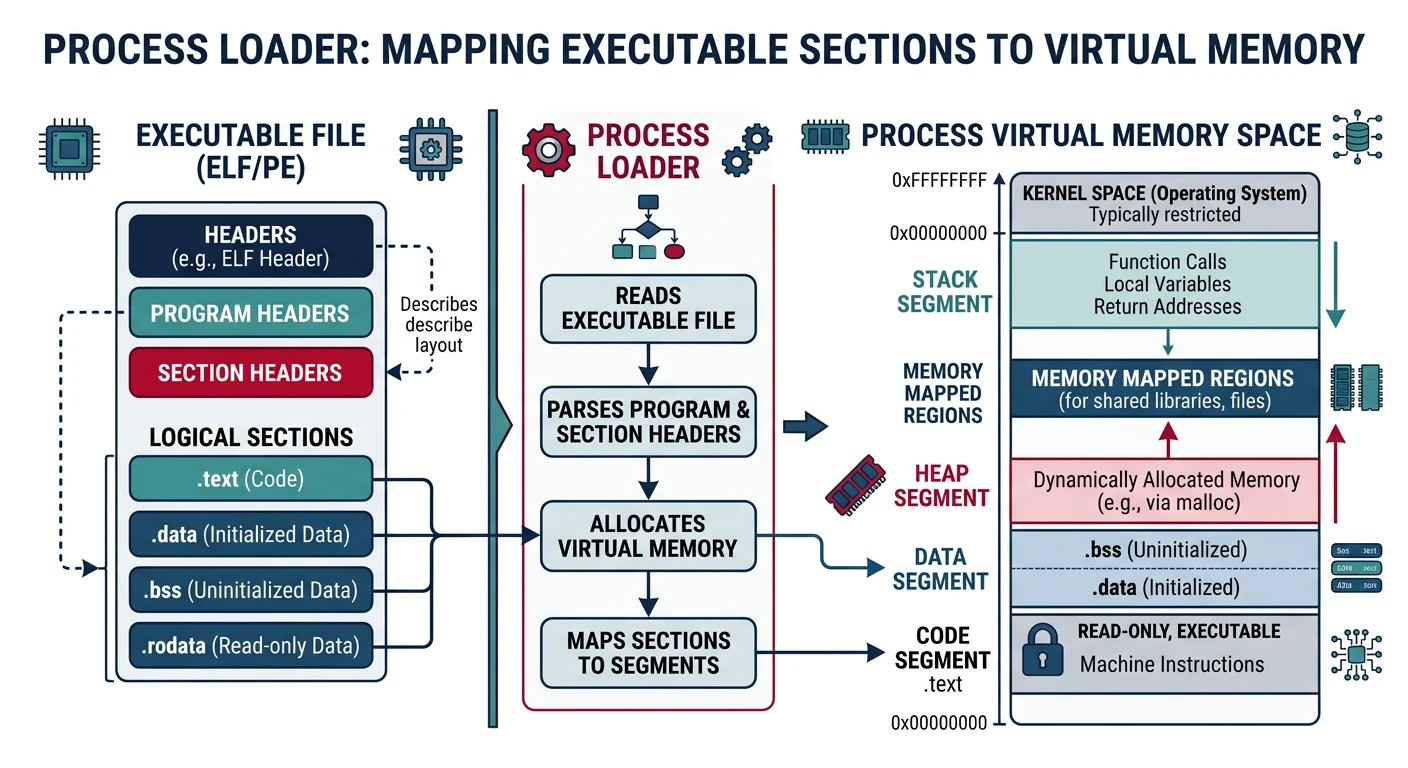 Process loader mapping executable sections into virtual memory with stack, heap, and code segments