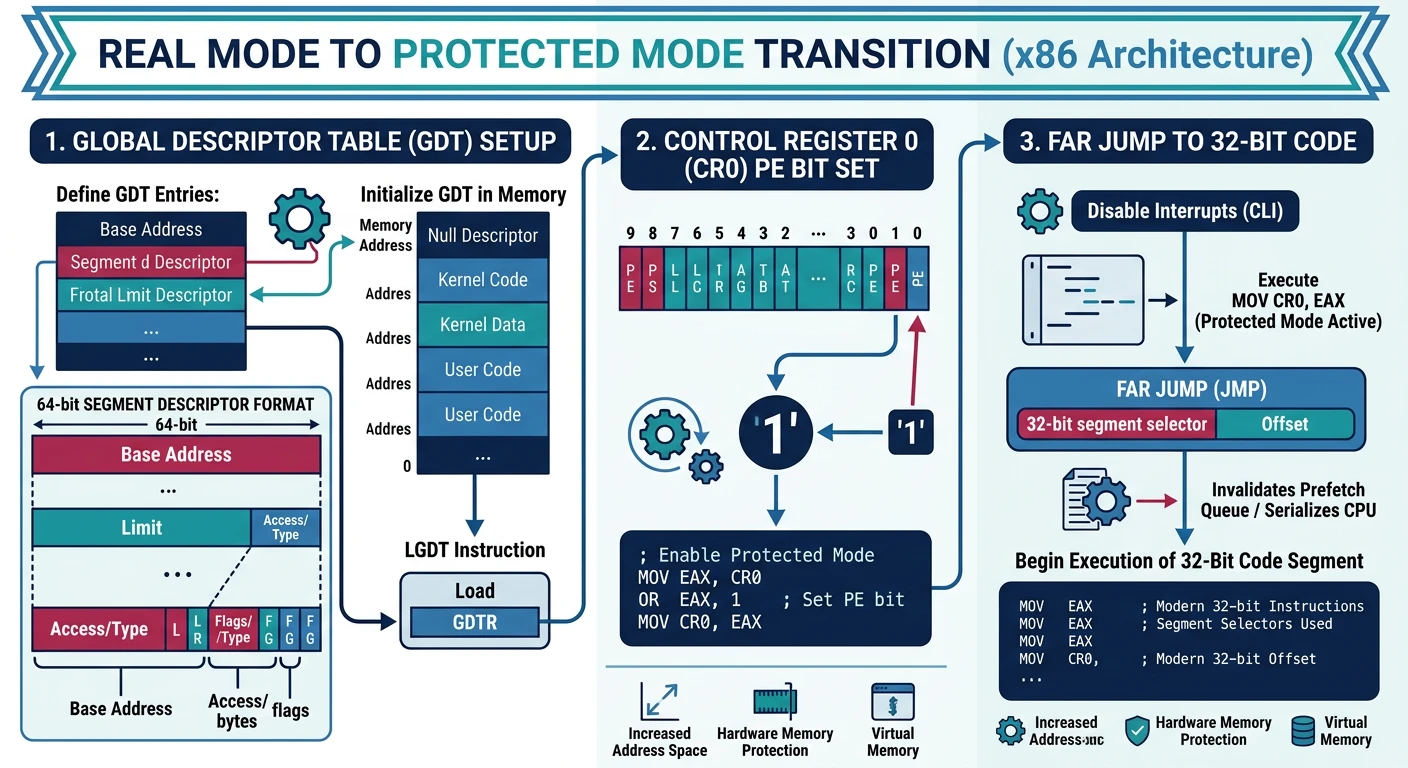 Real mode to protected mode transition showing GDT setup, CR0 PE bit, and far jump to 32-bit code