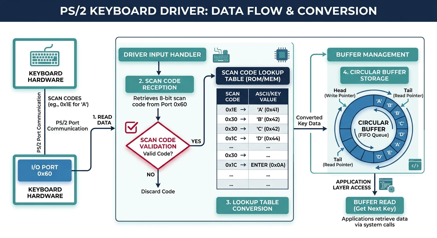 PS/2 keyboard driver flow showing scan code reception from port 0x60, lookup table conversion, and circular buffer storage