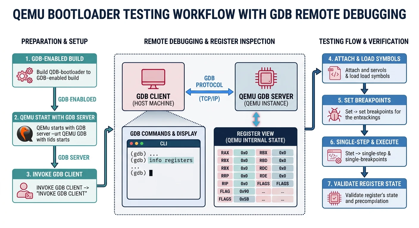 QEMU bootloader testing workflow with GDB remote debugging and register inspection
