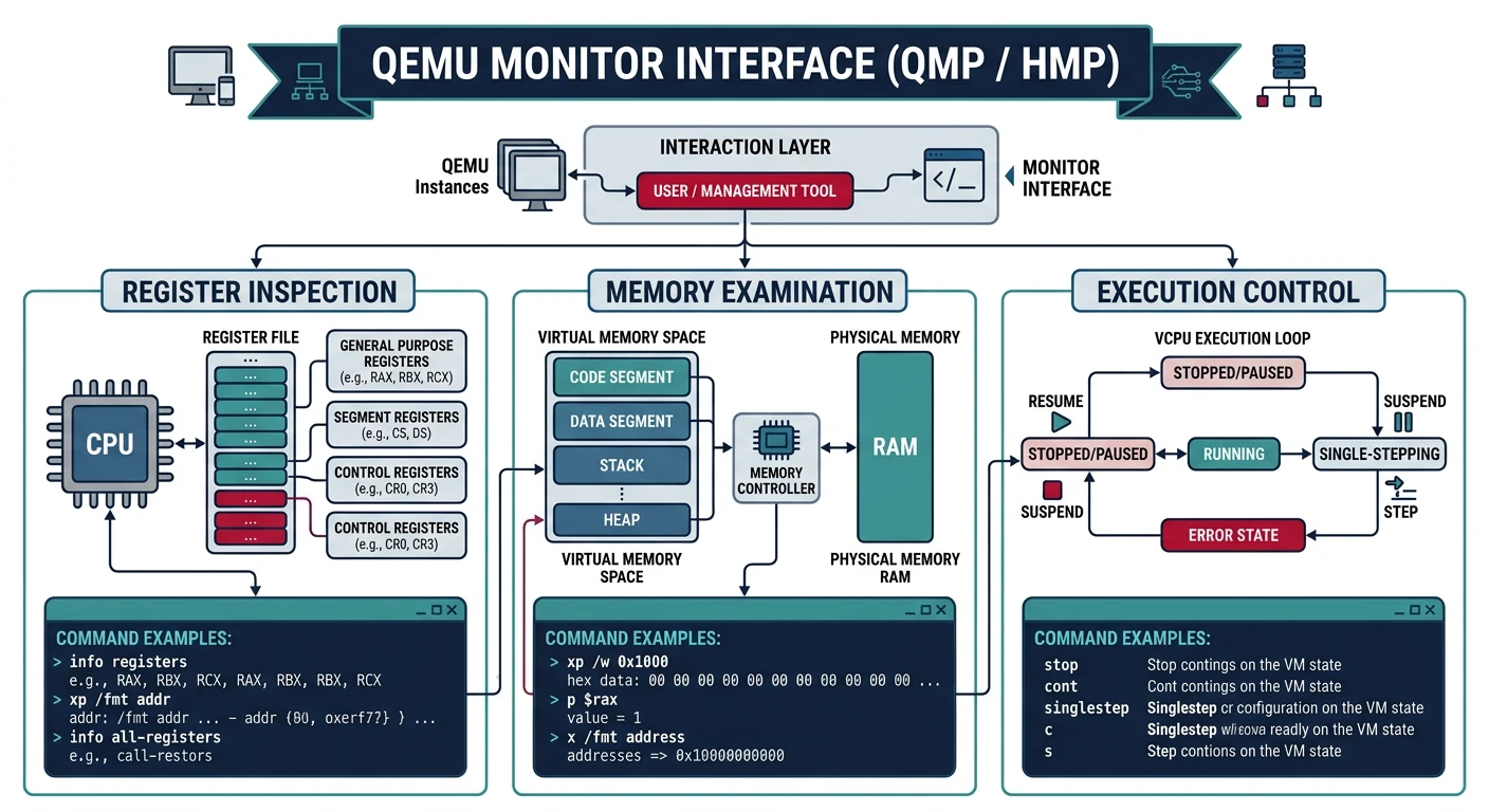 QEMU monitor interface showing register inspection, memory examination, and execution control commands