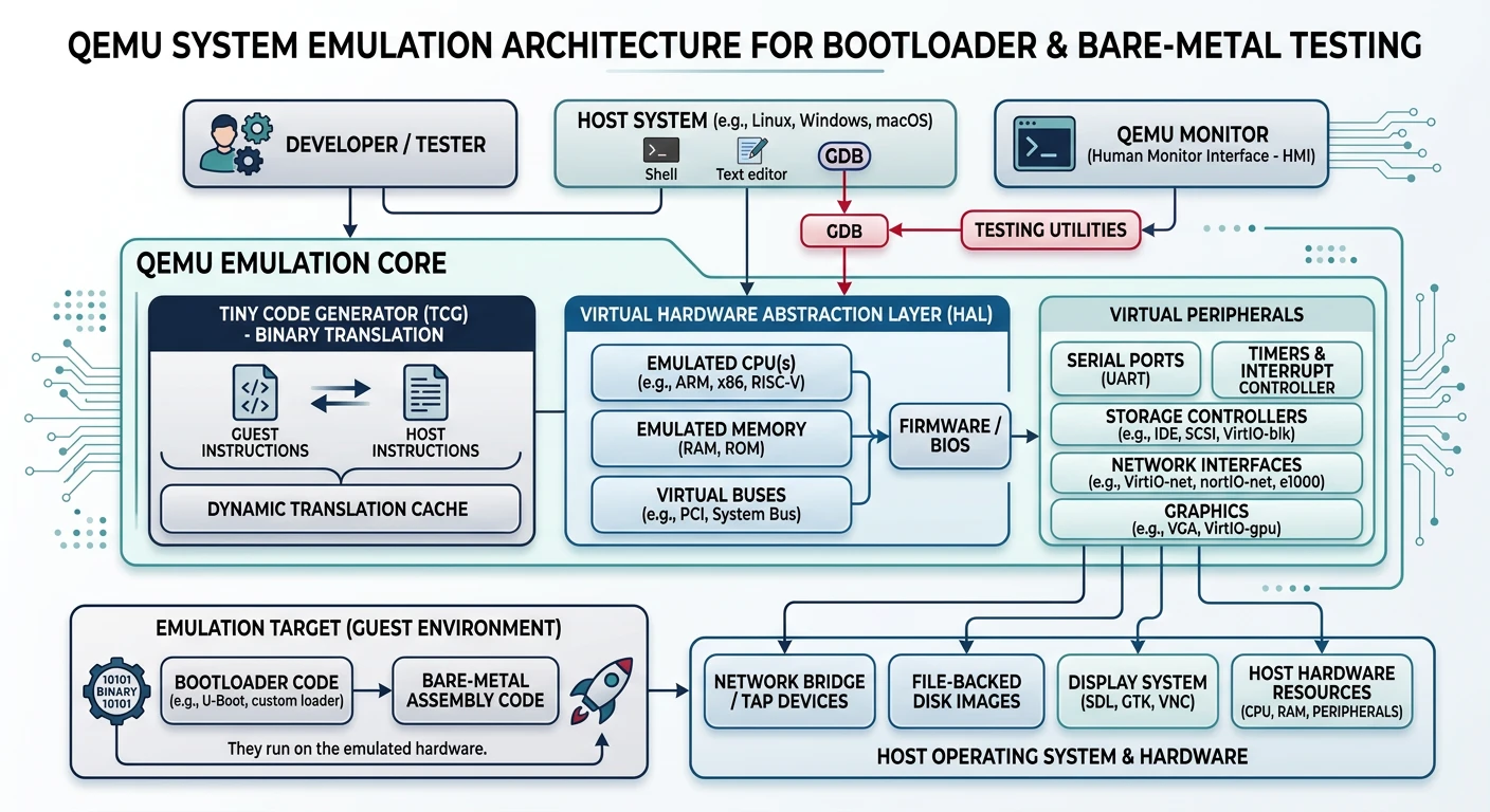 QEMU system emulation architecture for testing bootloaders and bare-metal assembly code