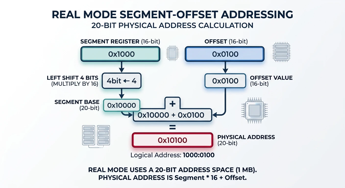 Real mode segment-offset addressing with 20-bit physical address calculation