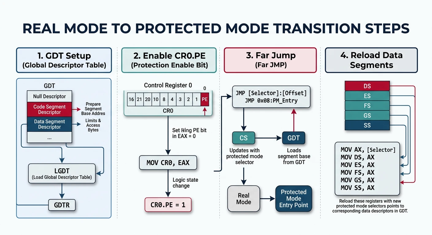 Real to protected mode transition steps: GDT setup, CR0.PE, far jump, and segment reload