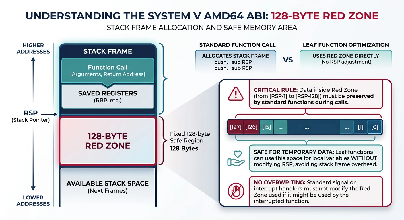 Diagram showing the 128-byte red zone below RSP in System V ABI