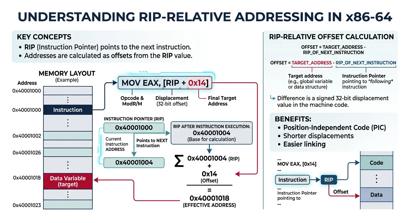 Diagram showing RIP-relative addressing in x86-64 with instruction pointer offset calculation