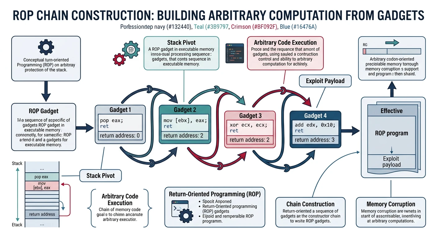 ROP chain construction showing gadgets chained on the stack to build arbitrary computation