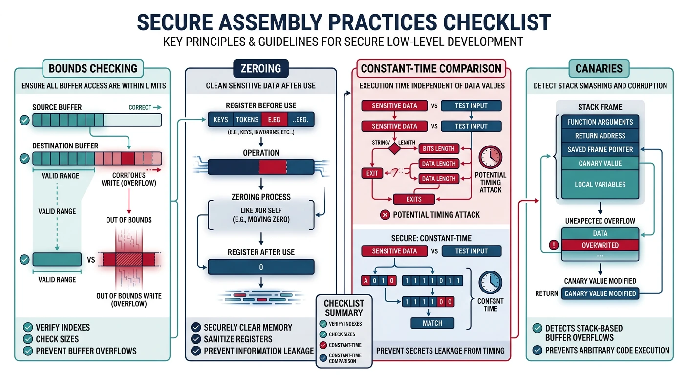 Secure assembly practices checklist with bounds checking, zeroing, constant-time comparison, and canaries